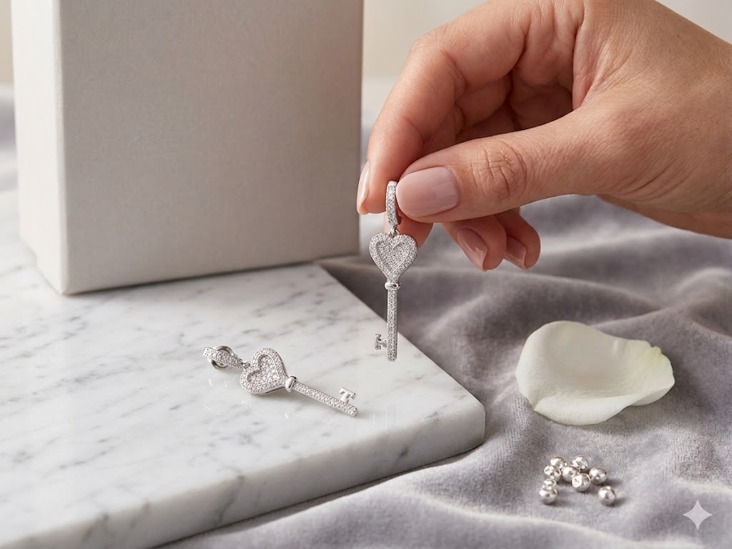 SE1101 Heart Key Pave Drop Earrings