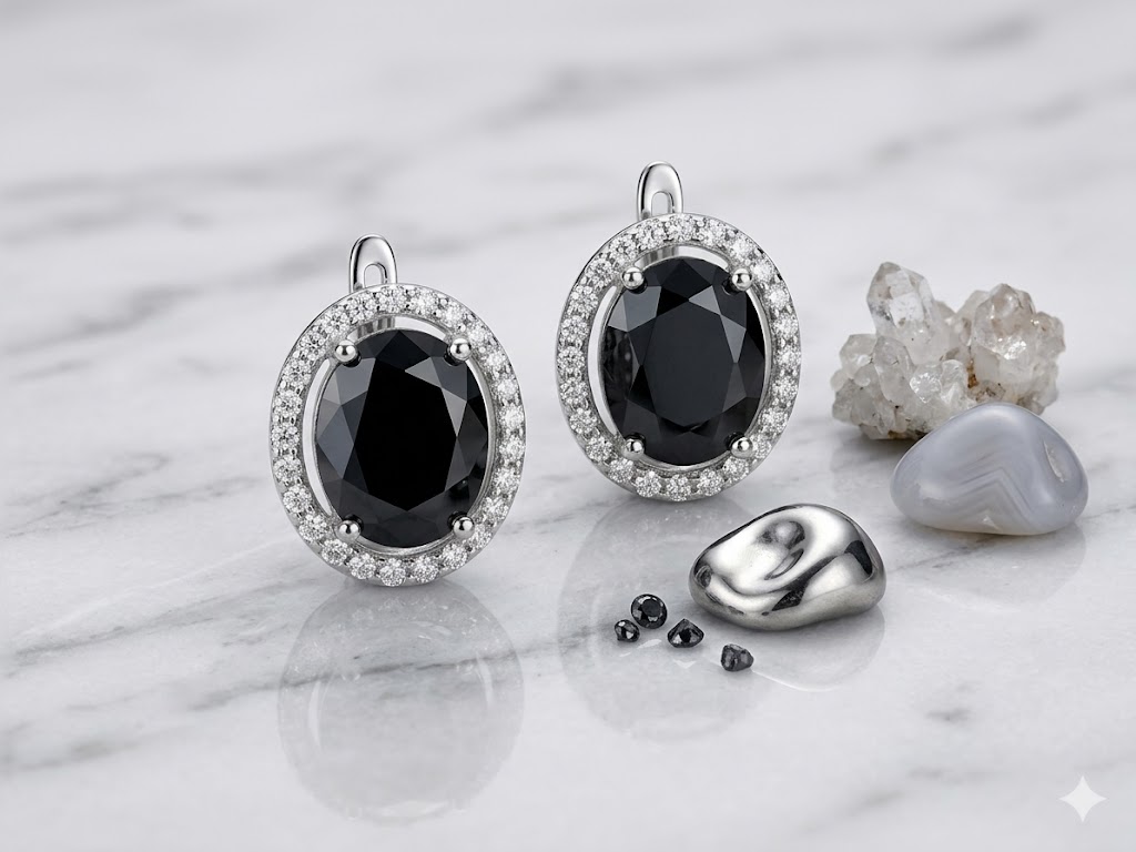SE1535 Black Stone Halo Earrings