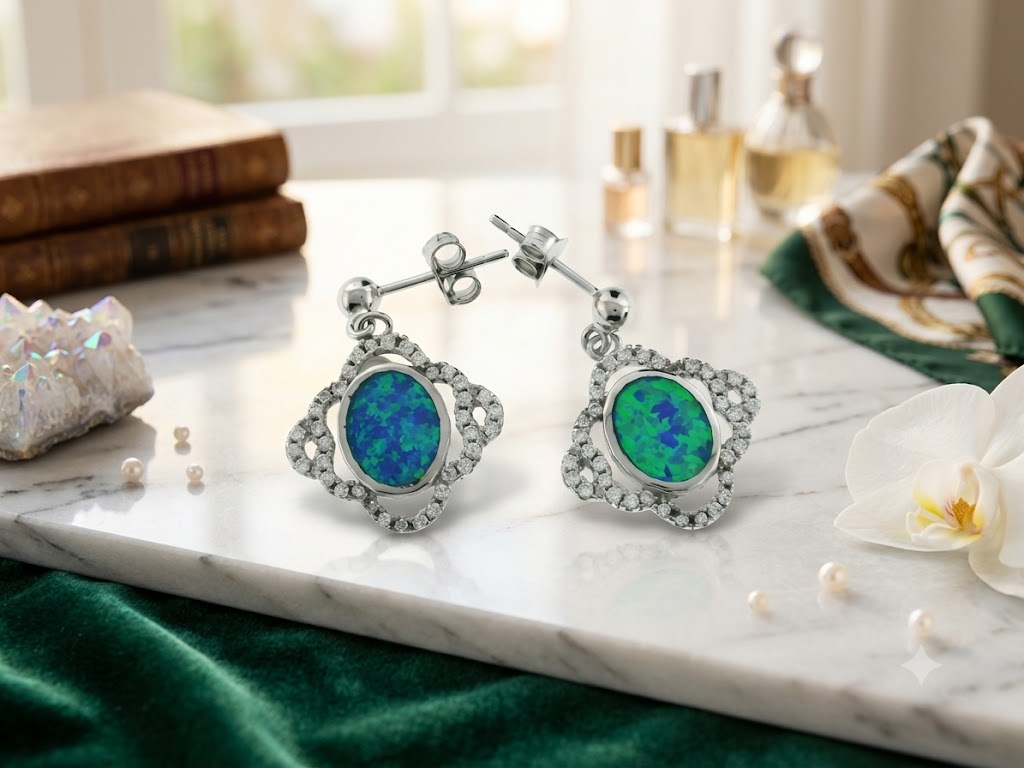 SE1600 Blue Opal Floral Drop Earrings