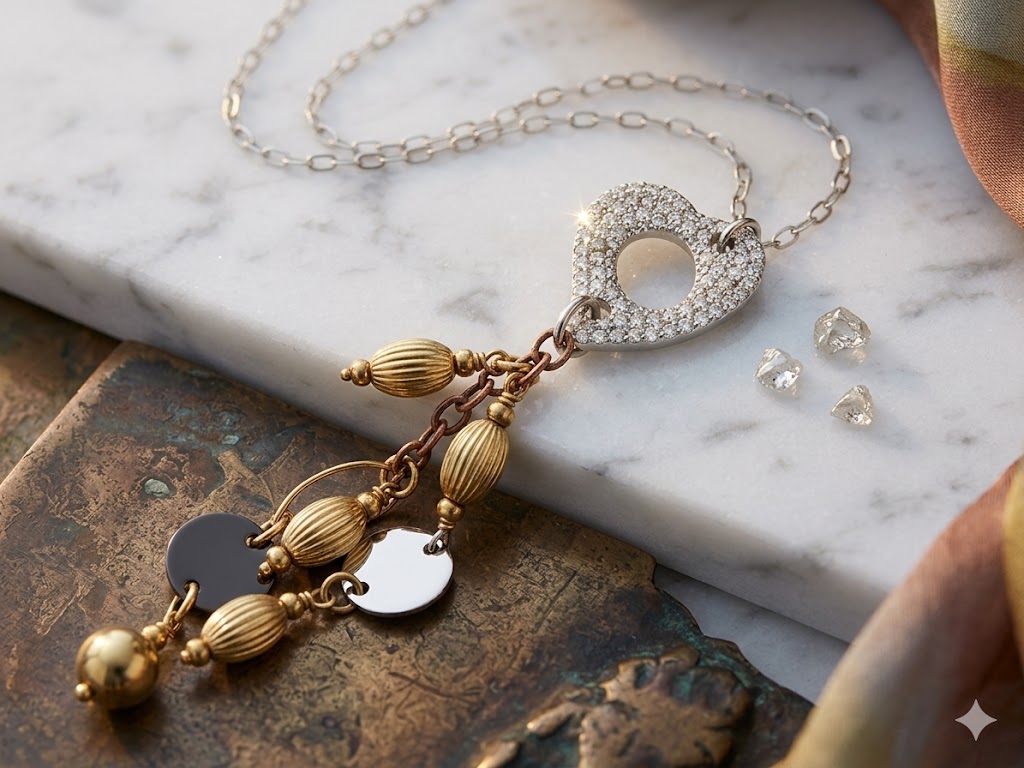 SN0017 CZ Heart & Charm Tassel Necklace
