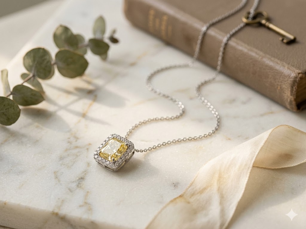 SN0145 Yellow CZ Halo Pendant Necklace