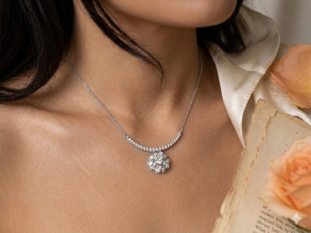 SN0277 CZ Flower Bar Necklace