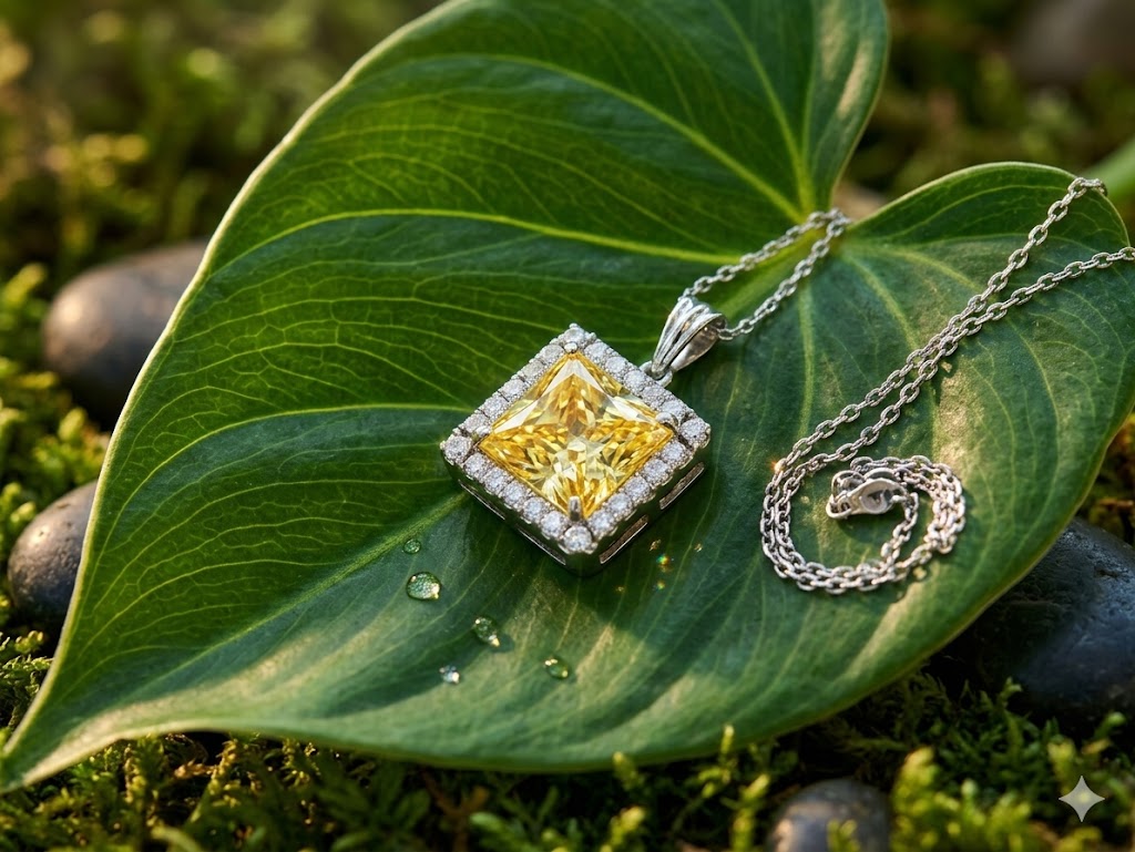 SN0323 Yellow CZ Princess Halo Pendant