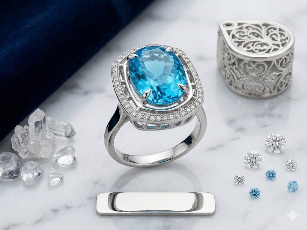 SR1644 Blue Topaz Halo Ring