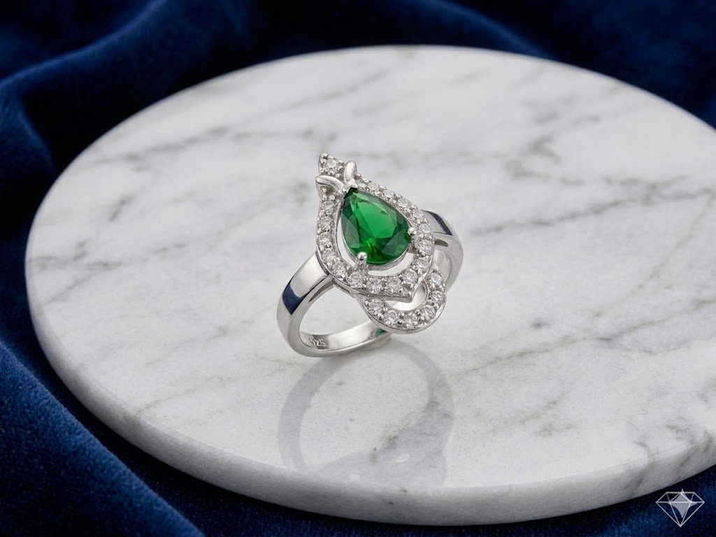 SR2075 Emerald Pear Drop Halo Ring