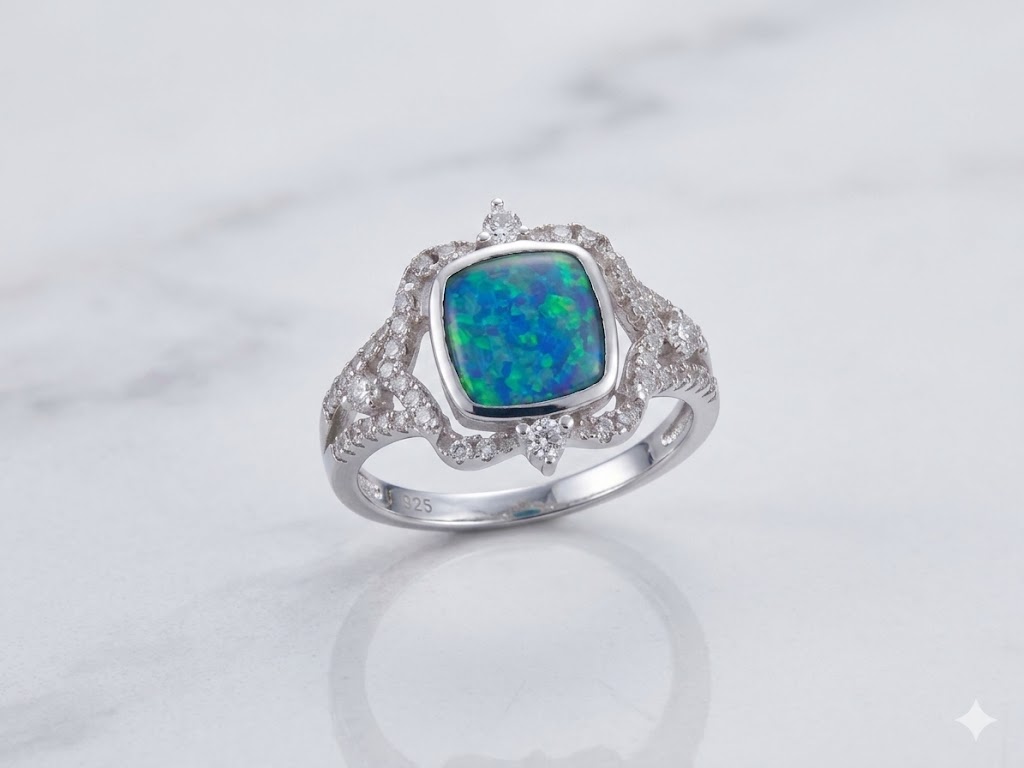 SR2129 Blue Opal Cushion Ring